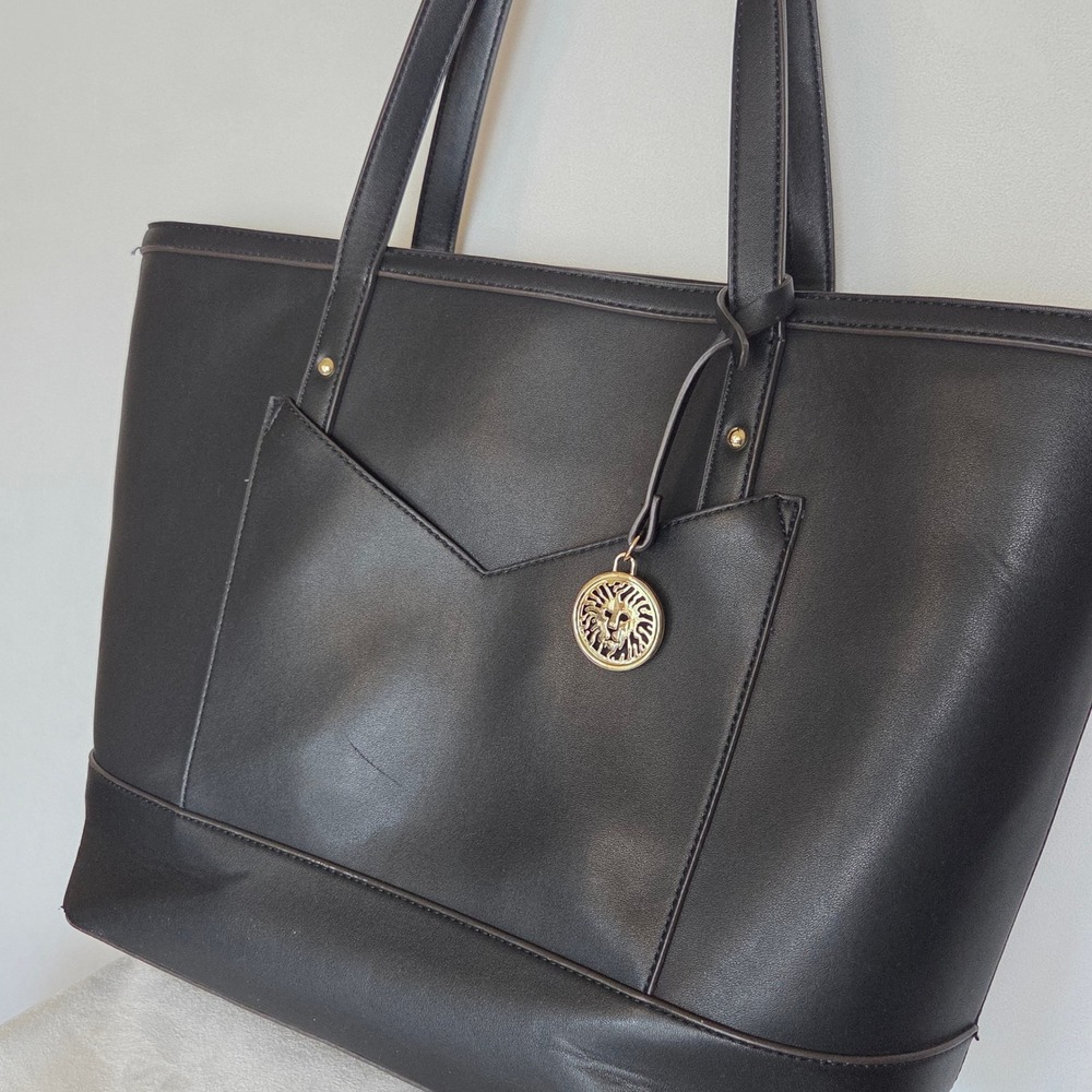 Anne Klein Black Vegan Leather Tote Bag Gold Lion Charm Polka Dot Lining Classic